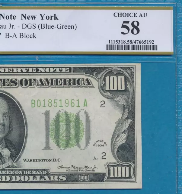 $100. 1934 New York  District  Dark Green Seal Frn Pcgs Au58Ppq