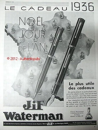Publicite De 1935 Stylo Plume Waterman Jif Encre French Ad Cadeau De Noel