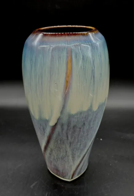 Bill Campbell Art Pottery Mottled Drip Glaze Blue Purple White Twist Vase 9”