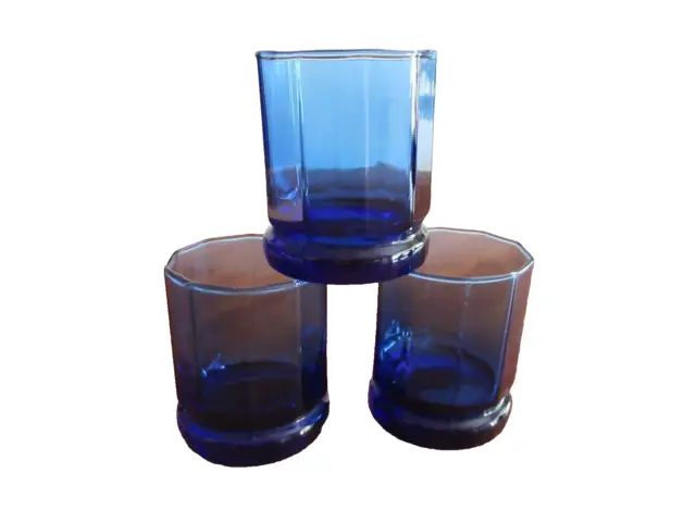 Lot 3x Anchor Hocking Essex Cobalt Blue 10 Panel Double Old Fashioned Rock Glass