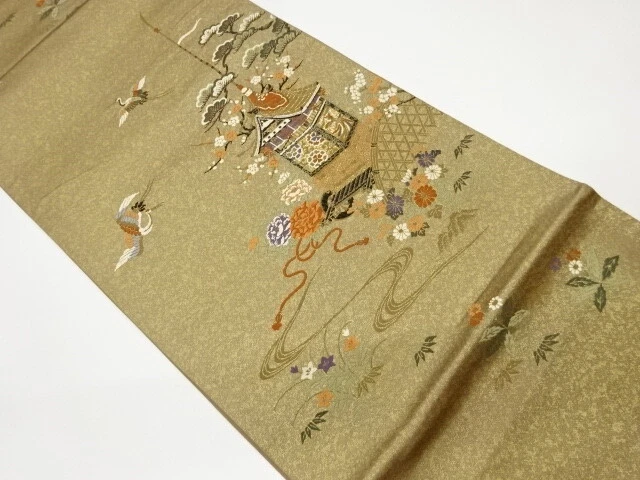 6151746: Japanese Kimono / Vintage Fukuro Obi / Woven Cranes & Shochikubai With