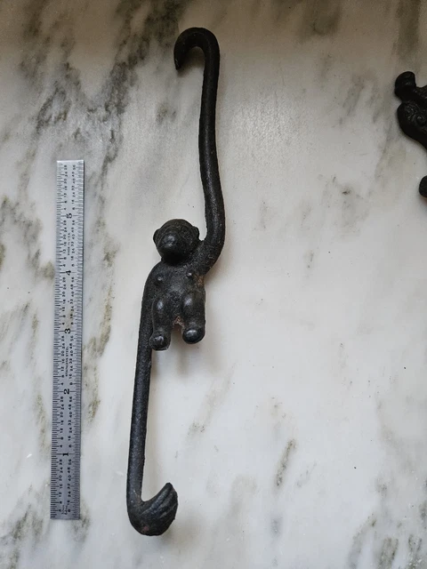 Vintage Cast IRON Metal MONKEY 8" Japan Hook Handle Plant Hanger Hanging