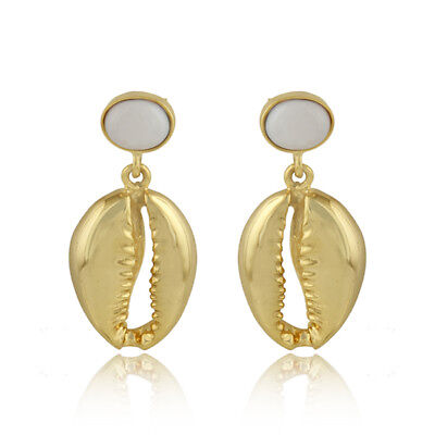 Cowrie Shell Designer Mother Of Pearl Gemstone 925 Silver Gold Plated Earrings