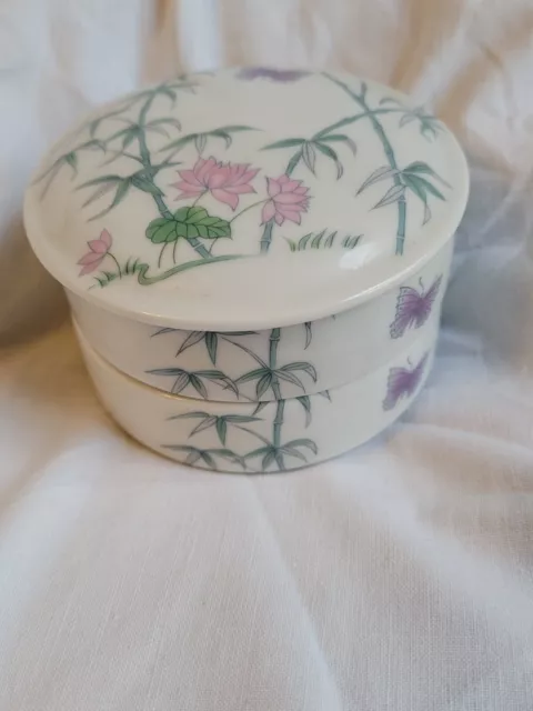Vintage St. Michael Japan Porzellan weiß Bambus Lotus Deckel Doppelschmuck Box