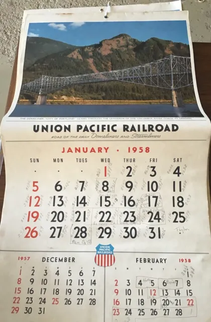 Vintage 1958 Union Pacific Railroad Scenic Calendar Trains Railway