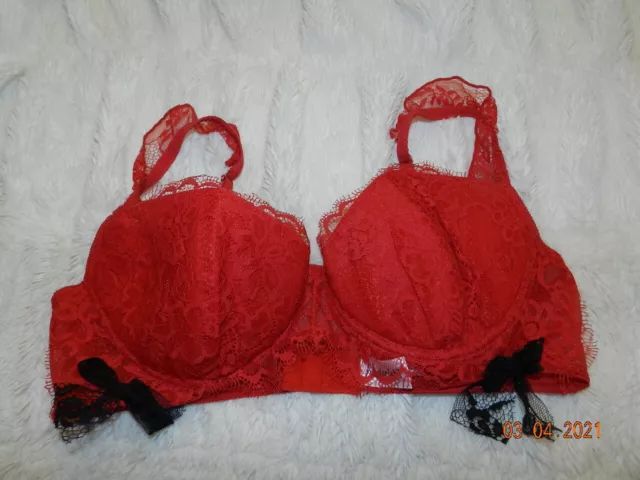 FREDERICKS OF HOLLYWOOD Bra L RED Lace Push Up black bows $19.99