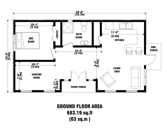 CUSTOM 638.75 sq.ft Tiny House Plan 1 Bedroom & 1 Bathroom With Free