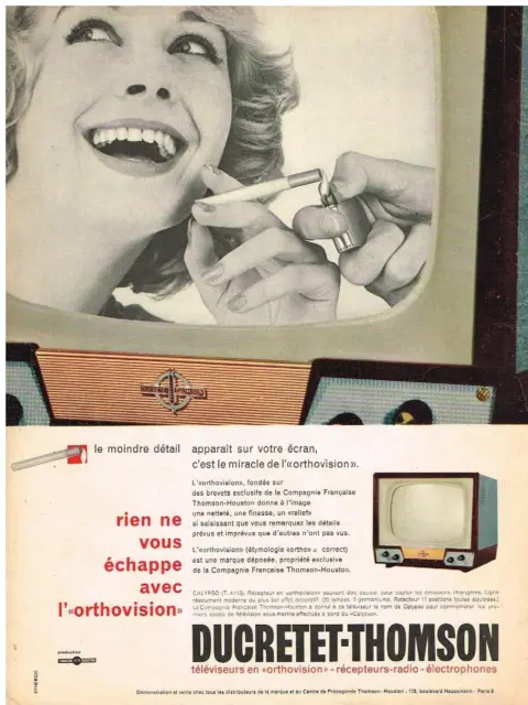 PUBLICITE ADVERTISING 105  1958  DUCRETET-THOMSON  téléviseur ORTHOVISION