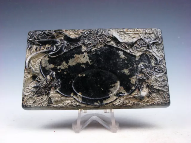 Vintage Nephrite Jade Stone Ink Slab Shape Paperweight Furious Dragons #03282008