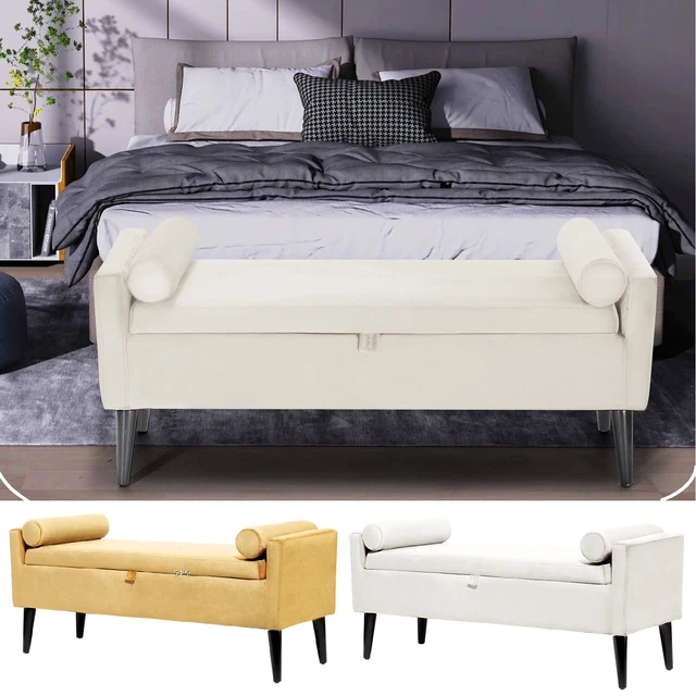 2022 New Modern Upholstered Storage Ottoman Bench with Arms & 2 Round Pillows