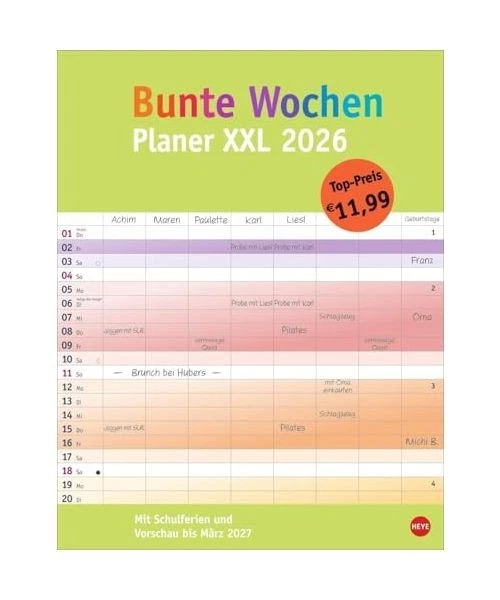 BUNTE WOCHEN PLANER XXL 2026: Praktischer Kalender 2026: 8 Spalten
