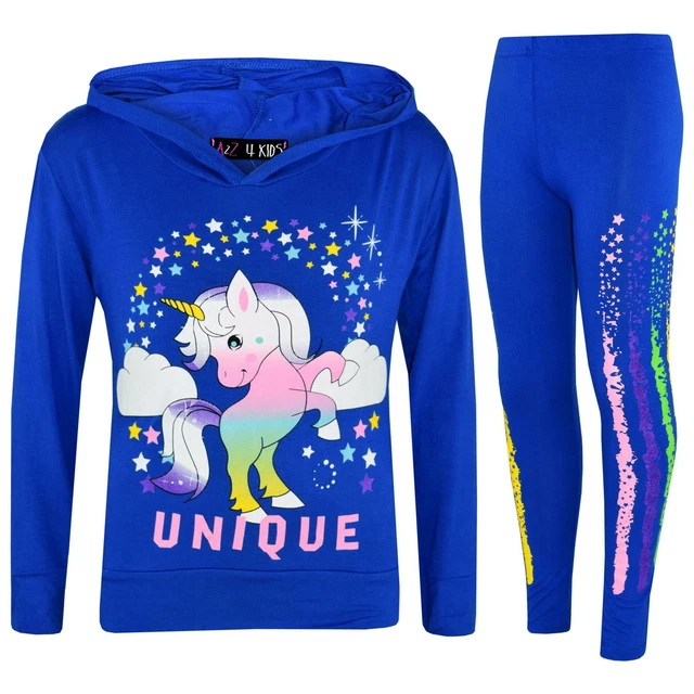 Kids Girls Dabbing Unicorn Unique Hooded Royal Blue Top Legging Floss Tracksuits