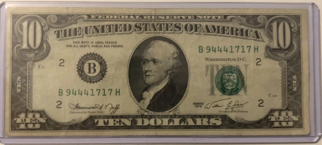 1974 Ten Dollar Federal Reserve Note FRN 10 Dollar Bill US