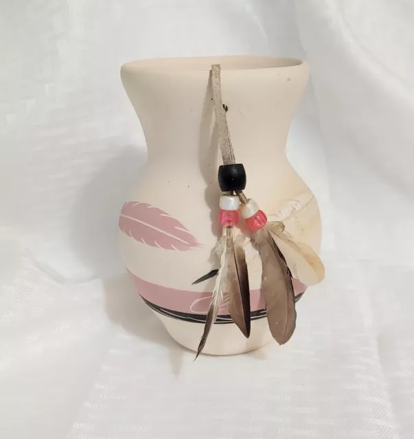 Rose Feather Desert Pueblo Vase Painted Stoneware Pottery Signed attached feathe