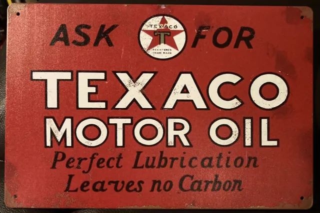 New 12” x 8” Retro 1940s Red Ask For TEXACO Motor Oil Rustic Tin Metal Wall Sign