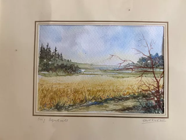 ::Aquarell °J. Werner Feldrand Ernte Blauer Himmel Feldweg Natur Rahmen Tannen 2