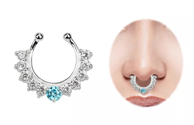 Piercing Joya 925 Plata Pendiente de Nariz Falso Septum Anillo Con Piedras