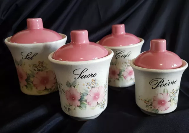 Lot de 4 pots à épices en céramique bouquet de fleurs,  bouchons roses Vintage