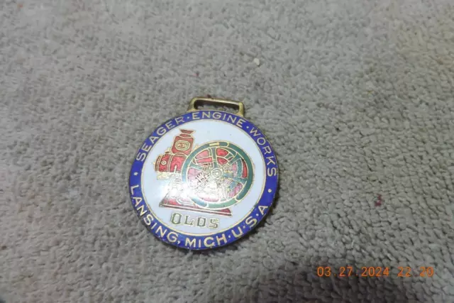 Antique SEAGER ENGINE WORKS OLDS HIT MISS ENGINE Enamel Pocket Watch Fob LANSING