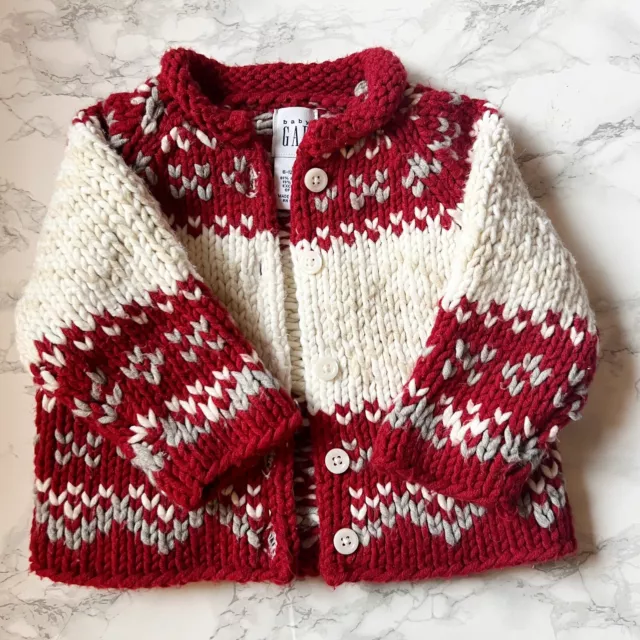 Baby Gap Girls Vintage Chunky Cardigan Sweater Fair Isle Size 6-12 Mo Red Ivory