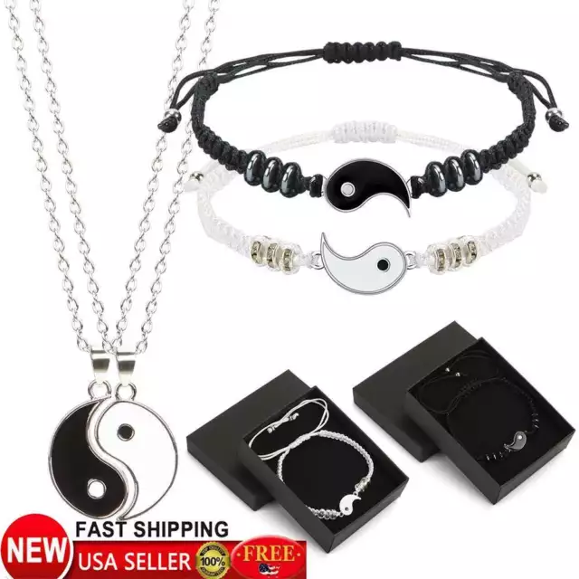 2 Pcs Yin Yang Set Adjustable Matching Handmade Bracelet/Necklace Couples Gift