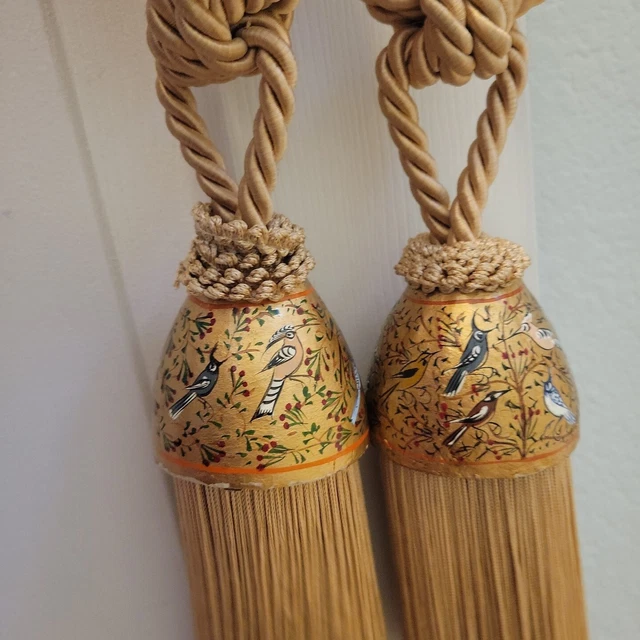 Curtain drapery Tie-Backs corded rope tassels Gold Hand-painted Birds