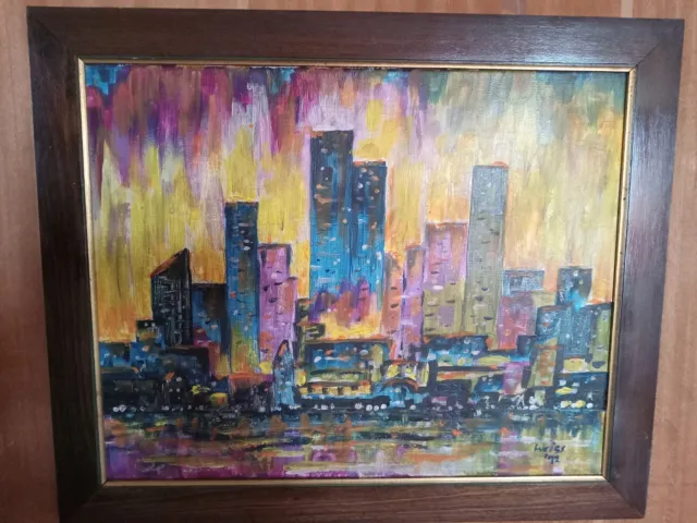 Vintage Canvas Abstract Modernist Skyline Cityscape Painting signed Weiss 1972