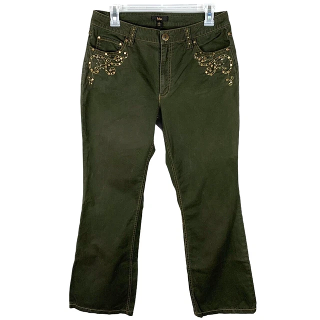 Reba Jeans Women 6 Stretch Cotton Olive Metal Detailed Jeweled Pockets Boot Cut
