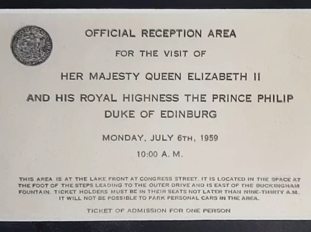 Queen Elizabeth II Prince Philip 1959 Chicago Hilton Invitation Admission Ticket 3