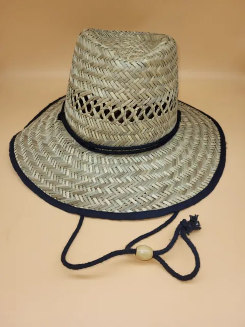 BEACH PALM STRAW Sun Hat Extra Wide Brim w Black Trim, adjustable chin ...