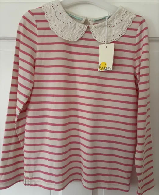 Girls Mini Boden Pink And White Striped Long Sleeve Top Age 7-8 Years NWT