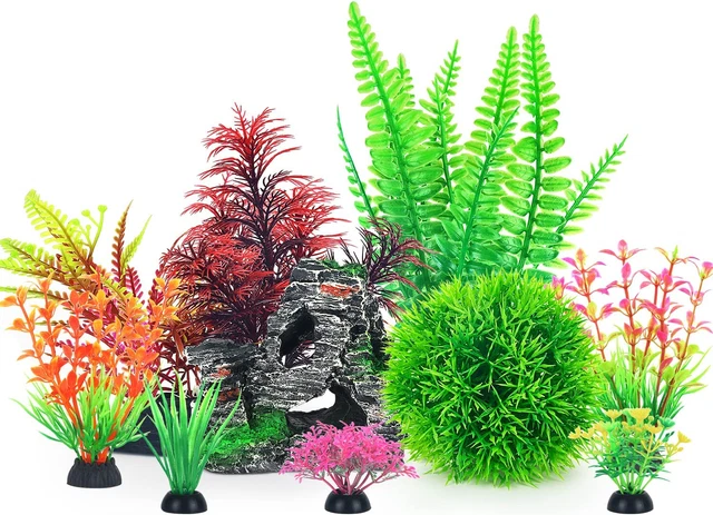 Aquarium Rock Decorations and Fish Tank Plastic Plants Decor Set 9 Pieces