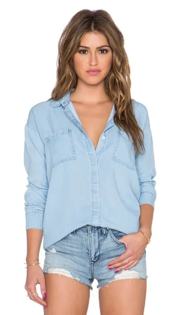 Splendid FAB! Voile Button Up Loose Fit Blouse Top in Light Wash Denim   S
