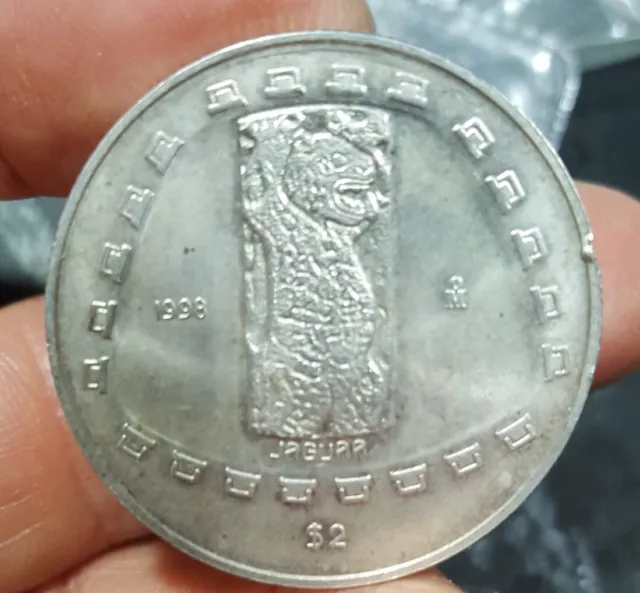 MEXICO Messico 1998 2 Pesos Jaguar ARGENTO Silver 1/2 Oz .999 PLATA, rare