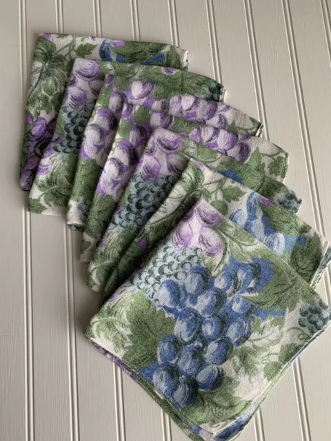 Vintage 7 Cloth Napkins Grapes Garden Wine Linen Blue Green Purple 15 x 15