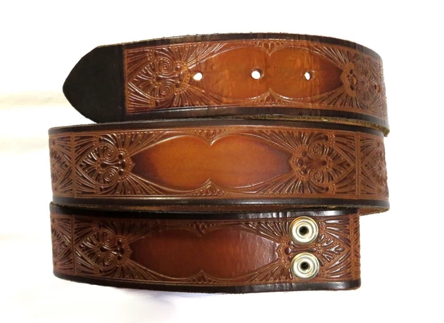 Tooled Leather Vintage 70's Belt DECO SCROLL DETAILS Two Tone Stained Hippy EUC