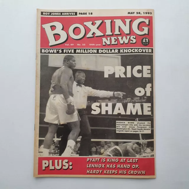 Boxing News Magazine May 28th 1993. Vol 49 No.22 Lennox Lewis Pyatt Hardy Bowe