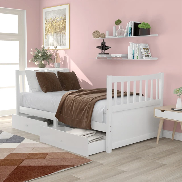 Tagesbett 90x200 Massivholz Bett Stauraumbett Bettgestell mit 2 Schubladen Weiß