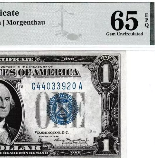 $1  1934  SILVER CERTIFICATE FUNNY BACK S/N G 44033920 A PMG 65 Fr. 1606  3 OF 5