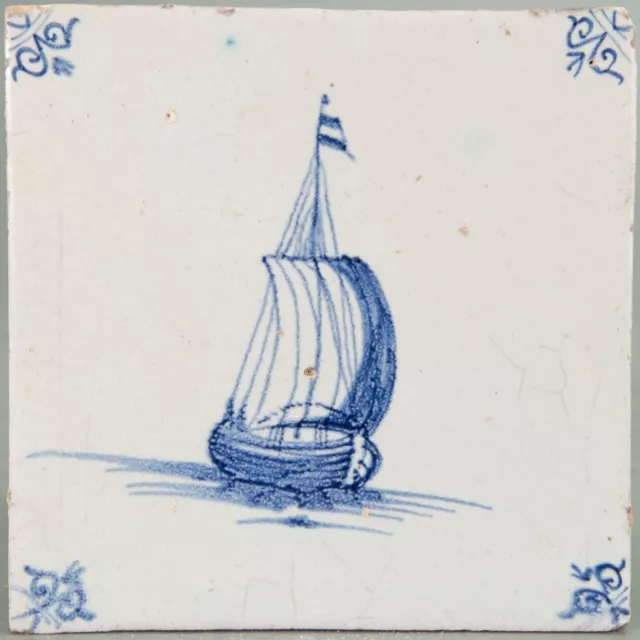 Nice Dutch Delft Blue tile, sailboat, 17th. century.