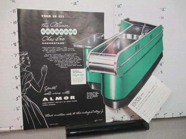 grocery store magazine ad 1955 ALMOR CO Detroit checkout stand counter magic eye