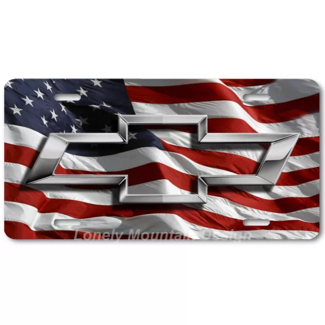 Chevy Bowtie Inspired Art Gray on Flag FLAT Aluminum Novelty License Tag Plate