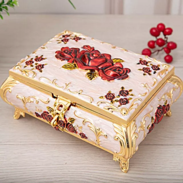 White Tin Alloy Rectangle Shape Red Roses  Music Box :  Its A Small World