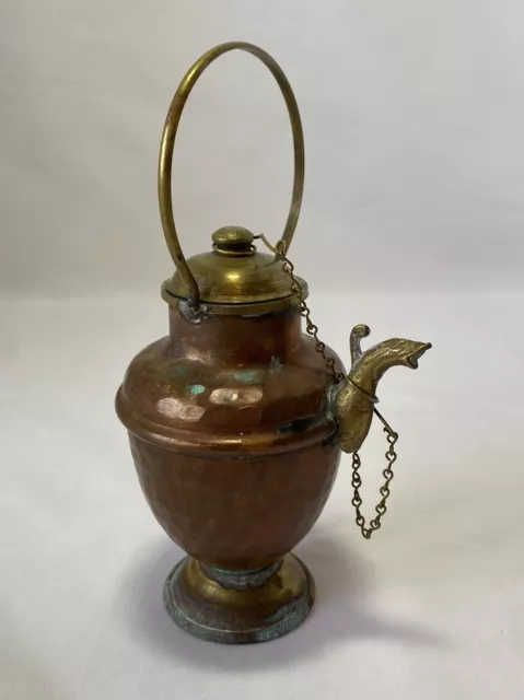 Antique Small-Scaled Hammered Copper Metal Pitcher w Chained Lid Vintage Kitchen