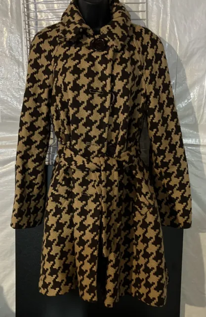 Michael Kors Coat Womens Size 8 Brown Houndstooth Wool Belted Trench