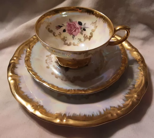 Vintage barvaria bone china teacup, Saucer, Plate Set, Roses, gold trim