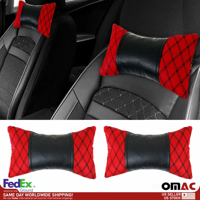 2x Car Seat Neck Pillow Head Shoulder Rest Pad Fabric and PU Leather Red Black