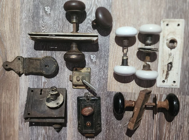Vintage White & Black Porcelain Door Knobs, Face Plates Lock Hardware