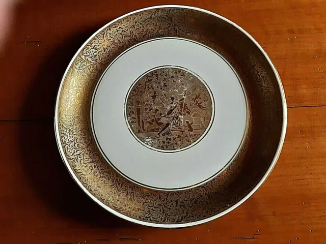 Plat à tarte, gateau, porcelaine Limoges, décor d'art Rodez doré signé LD
