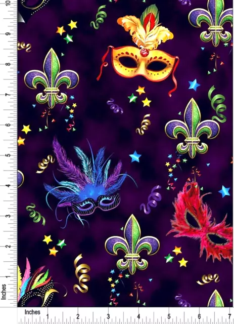 Premium Cotton Print Fabric - All Over Mardi Gras Themes On Purple - 1 1/2 Yards